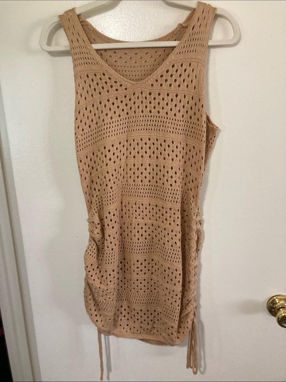 Crochet Drawstring Tank Swim Coverup in Nude